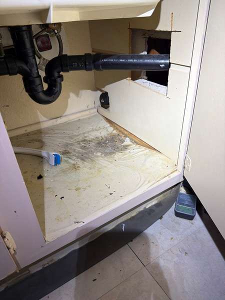 Cabinet floor at arrival. Staining and separation across the full panel.