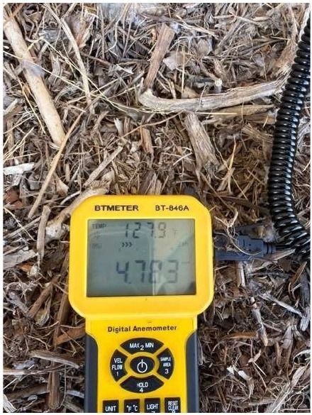 470.3 FPM at 127.9 F, measured at the exterior termination with the dryer running.